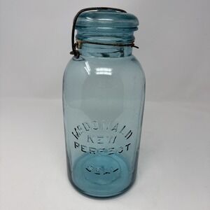 VTG McDonald Perfect Seal Blue 2 Qt Canning Jar W Glass Lid Wire Bail #7